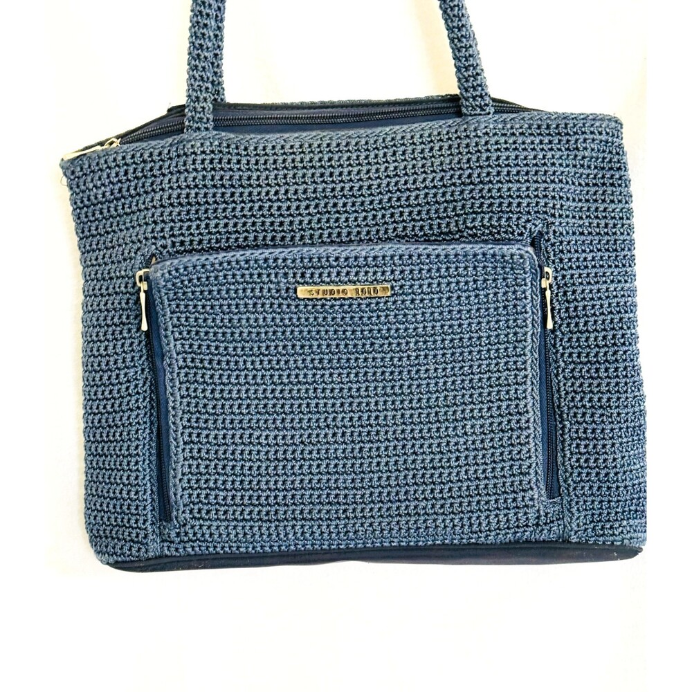 Blue Crocheted Shoulder Bag w/2 handles, Front Pocket, Studio 1010, Medium
